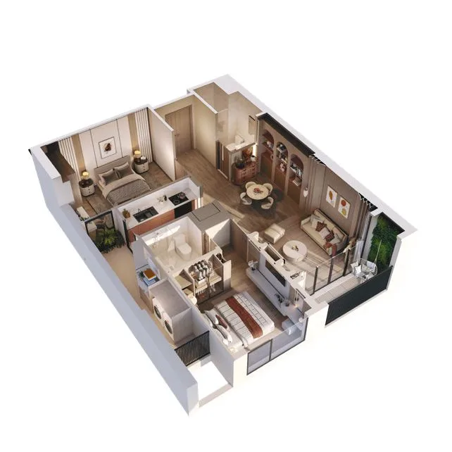 Phối cảnh 3D căn hộ 2 phòng ngủ